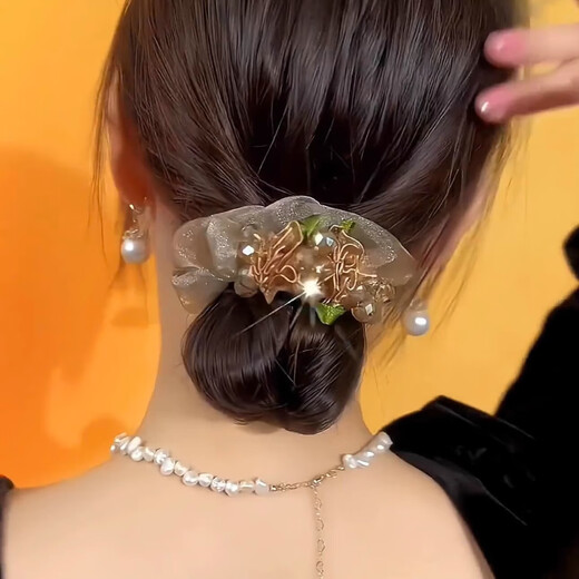 Light luxury mesh hairpin with rhinestone crystal large intestine hair tie for women, high elastic rubber band, low ponytail leather headband, champagne mesh