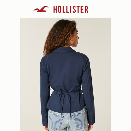 HOLLISTER25 new autumn and winter Y2K hot girl slim waist belted poplin shirt women's 340-5486 Navy Blue S (165/84A)