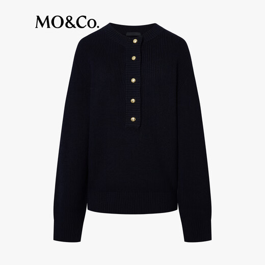 MO&Co. Striped Sweater 2025 Winter New Arrival Merino Sheep Wool Henley Collar Half-Braid Loose Intelligent MBE4SWTT02 Dark Royal Blue XS /155