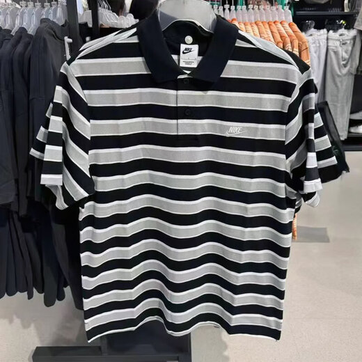 耐克（Nike）条纹短袖T恤夏季新款运动服宽松休闲透气翻领POLO衫上衣 FN3897-010黑白条纹 XL