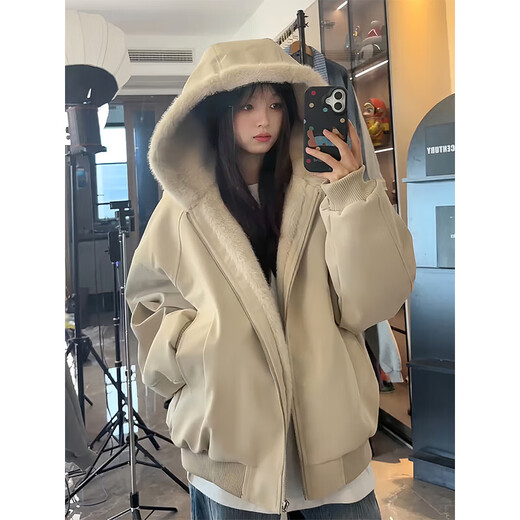 ZHUYIFAN hooded mountain carving leather jacket, men's and women's winter velvet thickened warm fur collar cotton jacket trendy brand apricot upgraded version L 110-130Jin Jin is equal to 0.5 kg