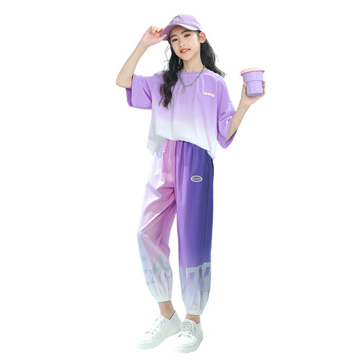 小猪彼特女童夏装2025新款儿童短袖套装时髦洋气夏季中大童运动服12岁女孩 9922白色+5726渐变紫 【套装】 170 cm
