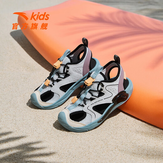 Anta children's sandals 2026 summer new style boys' breathable toe-toe sandals soft bottom river-tracing frame beach shoes for men Mai Qiao gray/mud lime/purple 9906H-1 29