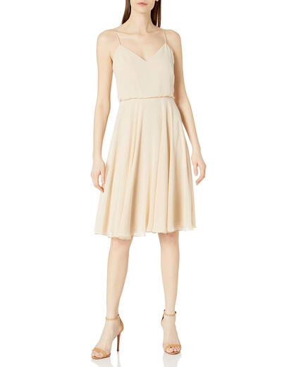 Jenny Yoo Women's Sienna V-Neck Spaghetti Straps Short Chiffon Dress Sand Dune 4