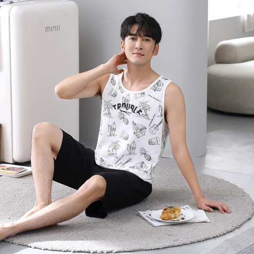 莫代尔睡衣男夏季新款莫代尔无袖背心休闲简约大码爸爸家居服可外穿套装 1049白色 M 100-120斤