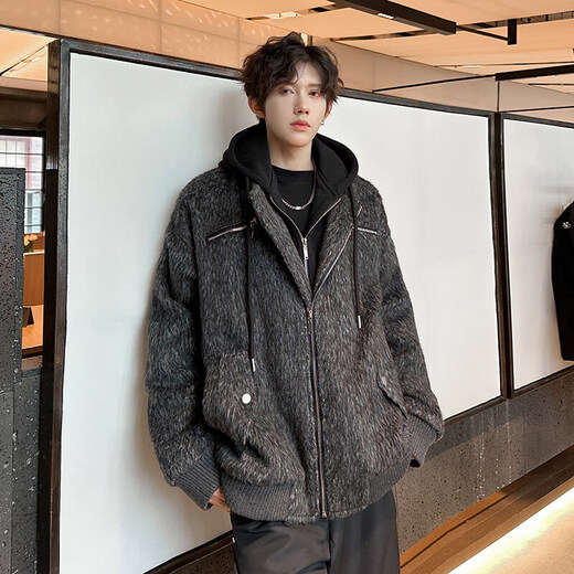 The most beautiful retro woolen hooded fake two-piece jacket for men in autumn and winter new design trendy casual tops gray XL recommended 125-145Jin Jin equals 0.5 kg