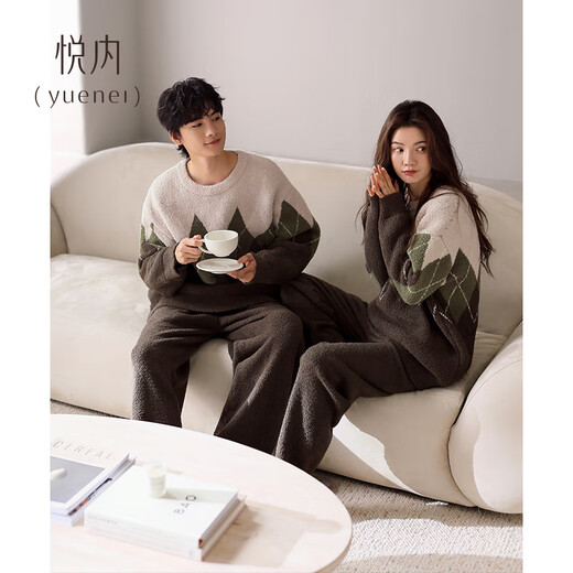 Yuenei Half Velvet Couple Pajamas Women's Autumn and Winter Coral Velvet Plus Velvet Warm Home Clothing Men's Pullover Set 34244 Tea Brown Men's L (Male 110-140 Jin Jin equals 0.5 kg / Female 110-120 Jin Jin equals 0.5 kg)