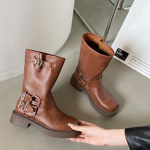 
Fan Xiaoru Western denim short boots for women thick-soled Martin boots 2025 new retro British style single boots versatile travel knight boots brown 36
