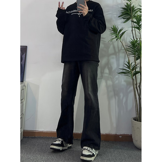 in718黑色弹力牛仔裤男秋冬季2024美式高街复古直筒微喇长裤子男 in-DFFS-719黑色 M【建议95-110斤】