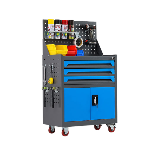 Factory direct sales Tool cart workshop lockable iron cabinet hardware parts cabinet factory mobile material storage cabinet three draw belt net gray blue color