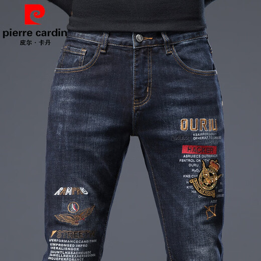 皮尔卡丹（pierre cardin）欧货新款刺绣印花男士针织牛仔裤子修身弹力百搭小脚长裤 6628 28 （2尺1）