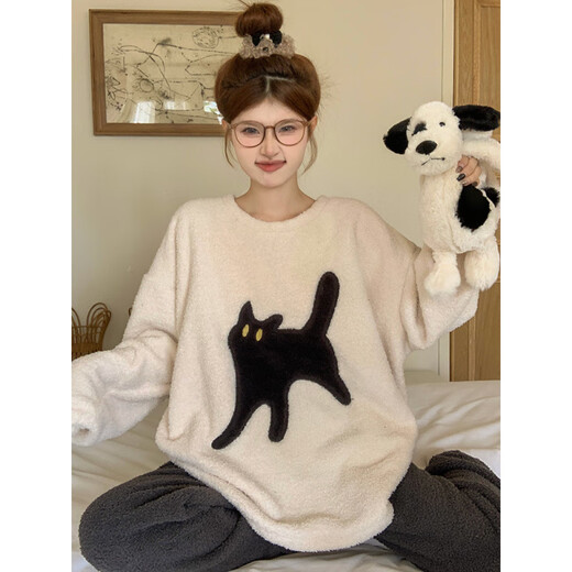 Modal 2024 new coral velvet pajamas for women in winter plus velvet thickened half-edged velvet cartoon black cat autumn and winter home clothing OM-4872-Puttender rice velvet cover-Pink hat cat S[80-100Jin[Jin equals 0.5 kg]]