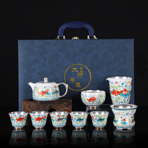 Jiaomingtang Chinese style 999 sterling silver tea set complete set with enamel color gift for elders leaders men high-end retired practical men 10 heads of paradise (silver teapot) - next day delivery