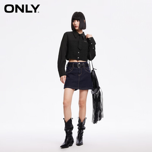 ONLY夏季拼接设计可拆卸领带翻领短款雪纺衫女|124151011 E39 俊黑色 M 165/84A