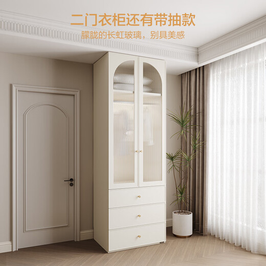 Quanyou Home Cream Style Large Wardrobe with Dressing Table Combination Wall Wardrobe Plus Height Clothes Storage Cabinet Two-Door Wardrobe + Dressing Cabinet + Makeup Mirror + Makeup Stool