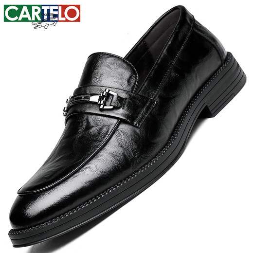 卡帝乐鳄鱼（CARTELO）休闲皮鞋男牛皮一脚蹬商务男鞋软底透气男士乐福鞋9893黑色42