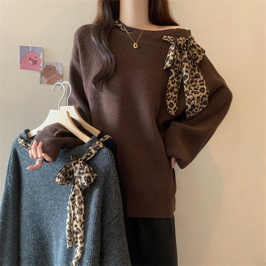 RWNNNI American retro leopard print slanted shoulder sweater for women, autumn and winter style, lazy, loose, Western style, European and American style new style knitted sweater top, gray [Follow the store for priority delivery] S [75-90Jin[Jin equals 0.5kg]]