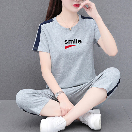 NY-EMMA运动套装女短袖夏季棉质休闲时尚中年洋气减龄广场舞跑步服两件套 689卡其（七分裤套装） XL(建议110-125斤)