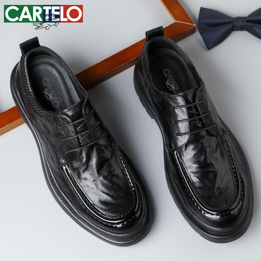 CARTELO crocodile (CARTELO) first layer sheepskin business shoes men's hand scratch pattern men's casual leather shoes British warm men's shoes 9676 black 40