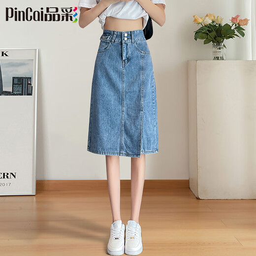 Pincai Denim Rock Frauen mit hoher Taille-Seitenschlitz schlanker Hüftrock modischer vielseitiger A-Line-Rock P13QB2910