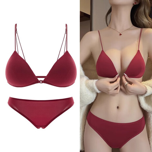 Victoria Palace Sexy Bra Red Underwear Small Breast Gathering Ultra-Thin Wireless Sexy Front Buckle Bra Set Burgundy - Set L (Suitable for 80AB)