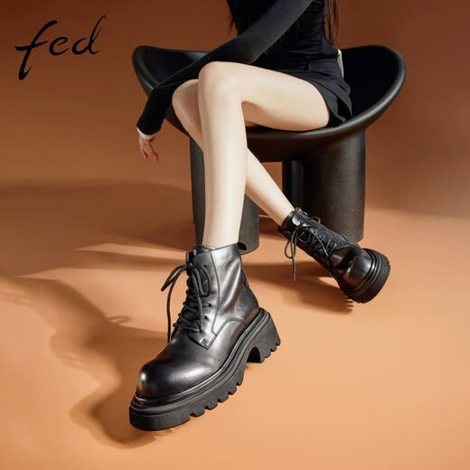 Fed echte Leder-Martin-Stiefel für Frauen im Winter Neue Frauenstiefel dicke Absatzstiefel Black Motorrad Stiefel für Frauen D1105-YA930 Black 34
