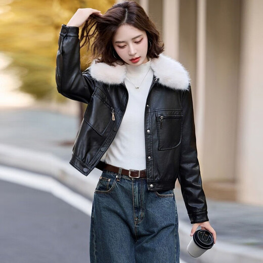 Playboy (PLAYBOY) brand Haining detachable fur collar leather jacket for women 2025 autumn and winter new velvet thickened leather jacket motorcycle wear fur detachable fur collar brown XL size recommended 105-120 Jin Jin equals 0.5 kg