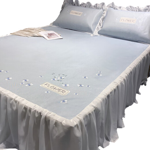 Shaomeng summer ice silk mat with bed skirt three-piece set machine washable princess style 2024 new high-end air-conditioned mat Tulip Rabbit-green bed skirt embroidered ice silk mat + 1.2m4 feet bed