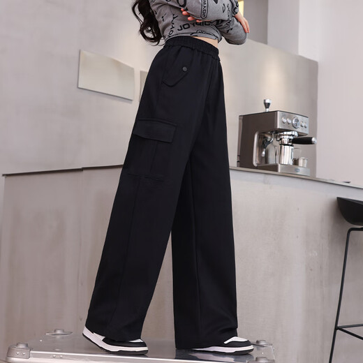 优优1点（Yoyo one）女童工装裤春秋2024儿童黑色秋装新款阔腿裤大童休闲裤子直筒运动 15099黑色 120cm