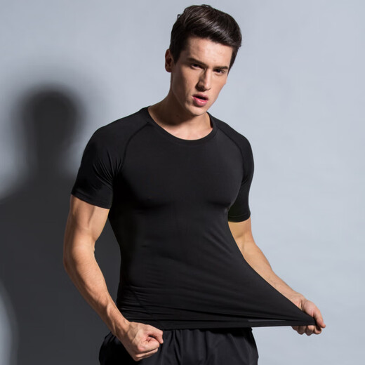 Huian short-sleeved sports t-shirt men's quick-drying clothing yoga clothing fitness clothing tights breathable running training top black line XL