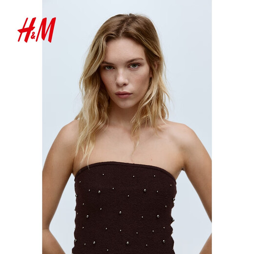 H&M 2025 new autumn women's beaded tube top 1303064 dark plum purple XS 155/80