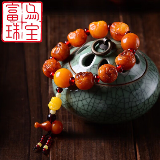 Fuwu Natural Polish Old Beeswax Bracelet Men's Original Chicken Oil Yellow Amber Bracelet Women's Barrel Beads with Certificate Style 1 (Men's Barrel Beads) Bead Size 20*21