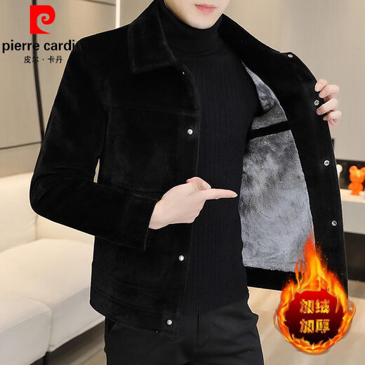 Pierre Cardin 2025 autumn and winter new gold woolen men's jacket woolen woolen velvet thickened lambswool jacket parka clothes magic black XL 125-145Jin Jin equals 0.5 kg