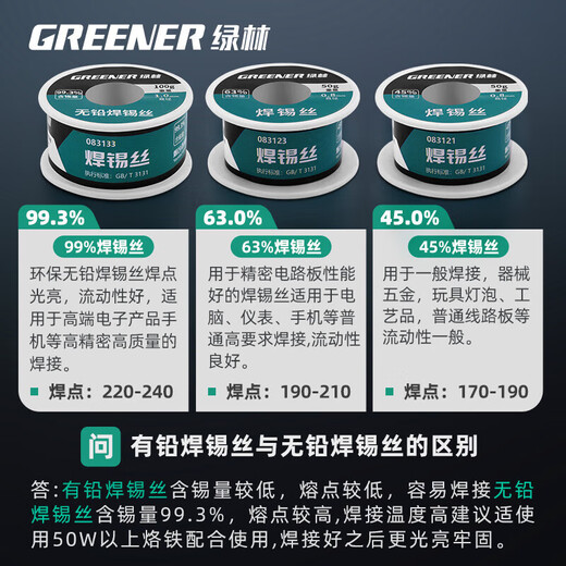 GREENER household soldering wire 99.3% tin content lead-free with rosin core no-clean 0.8MM electric soldering iron welding wire 50g