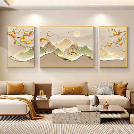 Meiyouchun Modern Light Luxury Living Room Decoration Painting Persimmon Ruyi Triptych High-end Meaning Mural New Sofa Background Wall Hanging Painting JD14715 Left and left 70*90 Middle 120*90 Crystal porcelain diamond-inlaid aluminum alloy gold frame