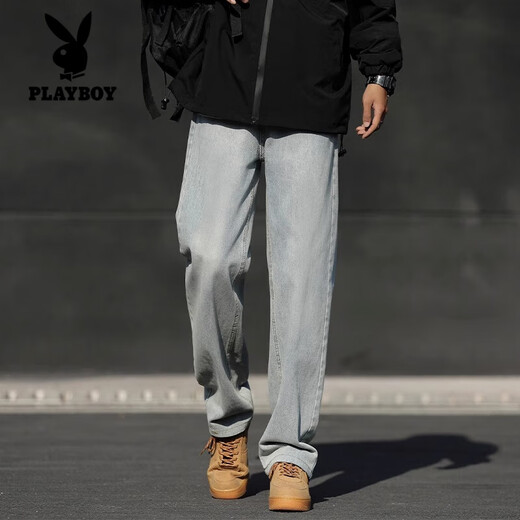 Playboy (PLAYBOY) Smoke Gray Jeans Men's Autumn 2025 Autumn and Winter New American Loose Straight Casual Long Pants Retro Trendy Brand ME Black