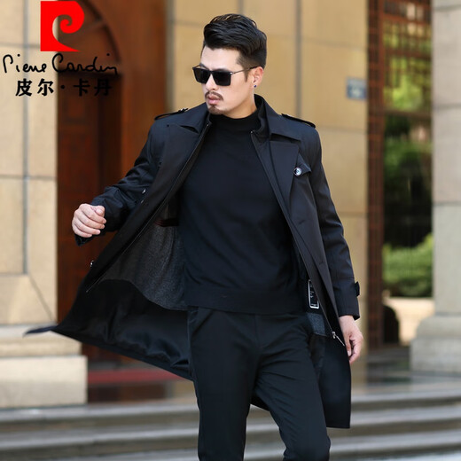 Pierre Cardin autumn and winter new style young and middle-aged long over-the-knee removable liner windbreaker men's suit collar business casual high-end jacket black 3XL
