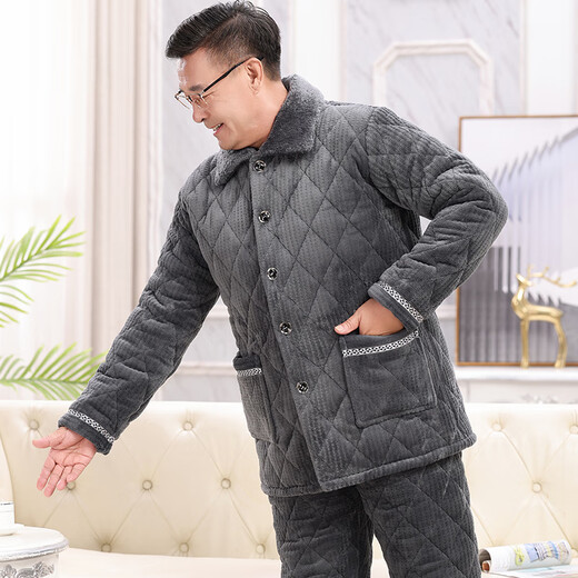 Xuanduoqi Pajamas hommes en hiver épaissis de corail épaissis en velours à trois couches papa de flanelle de coton de l'âge moyen et de vêtements de maison âgée C9903 # hommes gris noir [Velvet de lait] xxxl (165-200jin [Jin est égal à 0,5 kg])
