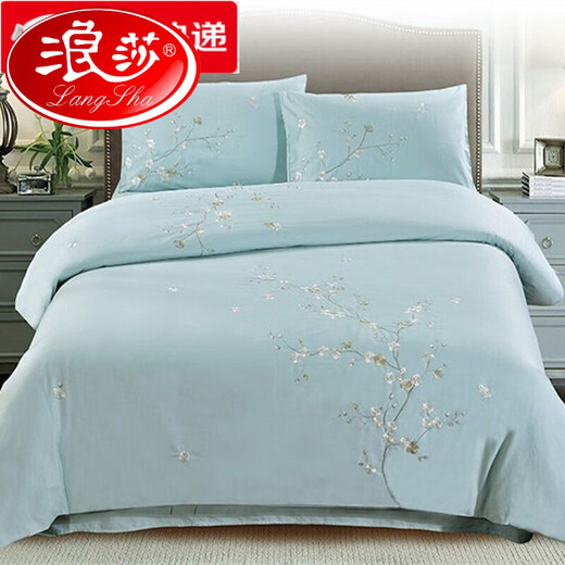 LangSha brand home textile pure cotton quilt cover embroidery four-piece set 1.5m single and double embroidery pure cotton 1 summer antibacterial bed 1.8m bed blue green 180*210 quilt cover four-piece set bed cover style