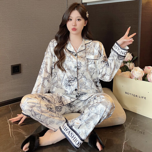 Modal 2025 New Gold Samt Pyjamas für Frauen im Frühjahr und Frühjahr Herbst, langärmelige Strickjacke-Tintenmalerei High-End-Heimkleidung kann außerhalb von 5009 m empfohlen werden 80-100jin [Jin Equals gleich 0,5 kg]