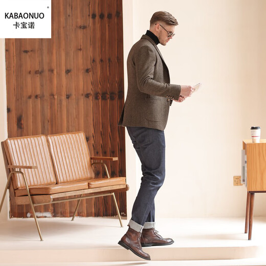 Carbonau autumn and winter wool thickened casual suit jacket woolen British yuppie suit single suit men's formal tweed brown herringbone single suit slim version 48