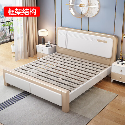 Yishan 2025 new mortise and tenon all solid wood bed light luxury modern simple white master bedroom 1.8m double air pressure storage bed solid wood silent bed (two colors optional) 1.5m*2m mortise and tenon style