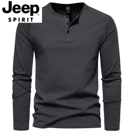 JEEP SPIRIT Spring and Autumn Men's Pure Cotton Henley Collar Long Sleeve T-Shirt Youth European and American Simple Elastic Slim Solid Color Versatile Bottoming Shirt Dark Gray XL 140-160Jin Jin is equal to 0.5 kg