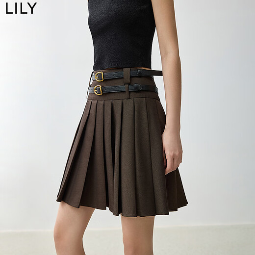 LILY【商场同款】秋新款复古双腰头百搭通勤百褶裙半身裙短款 725可可棕 L
