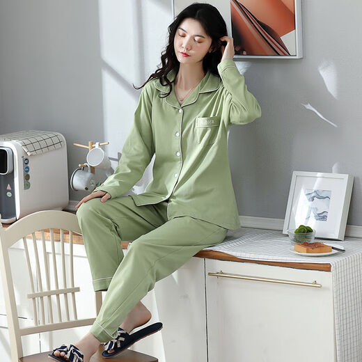 莫代尔长袖睡衣女春秋季棉款大码宽松年新款休闲家居服纯色套装 12809 L (100-120斤)