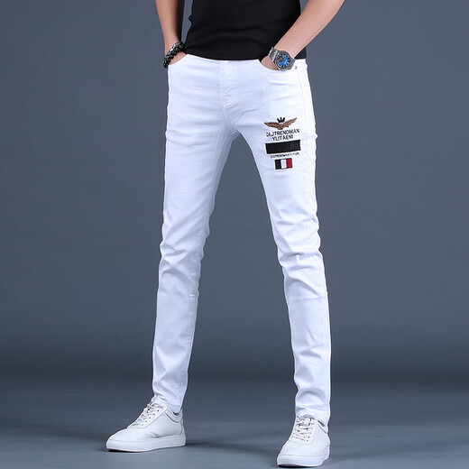 
Ke Jiehao 2025 spring and summer men's white slim jeans slim-fitting embroidered small feet casual trousers elastic printed pants trendy 6621 white hot diamond style 32