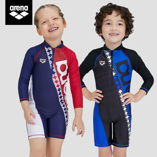 Arena's new long-sleeved sunscreen children's swimsuit, quick-drying anti-chlorine one-piece boxer swimming gear for girls and teenagers, BKDU 110, recommended height 105-115cm, weight 15-20kg