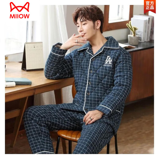 Catman (Miiow) reines Baumwoll-Dreischicht-verdickte Baumwollwinter-Pyjama-Pyjama-Baumwolljacke Herbst und Winter Herren-Home-Kleidungsstücke mit hautfreundlicher BQM-9214-Drei-Layer-verdickter Baumwoll-Baumwolle 185 (xxxl Höhe 180-185 Gewicht 180-20
