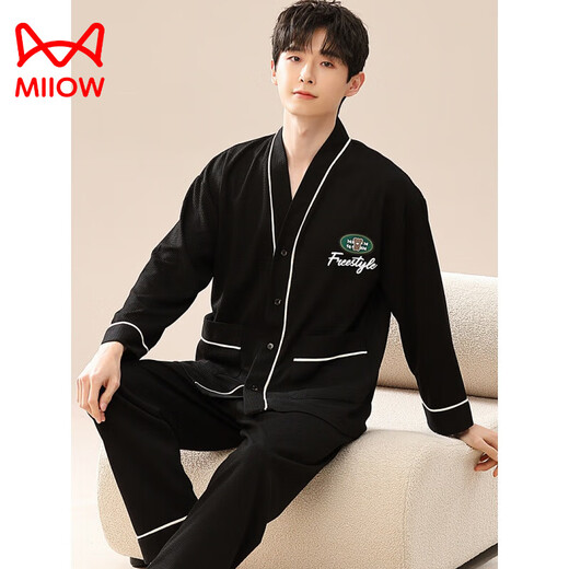 
Catman (MiiOW) pajamas for men in spring and autumn new pure cotton long-sleeved large-size autumn and winter style can be worn on the outside sports cardigan home clothing set LS1343 cardigan set Men 3XL [recommended 160-180Jin [Jin equals 0.5 kg]]