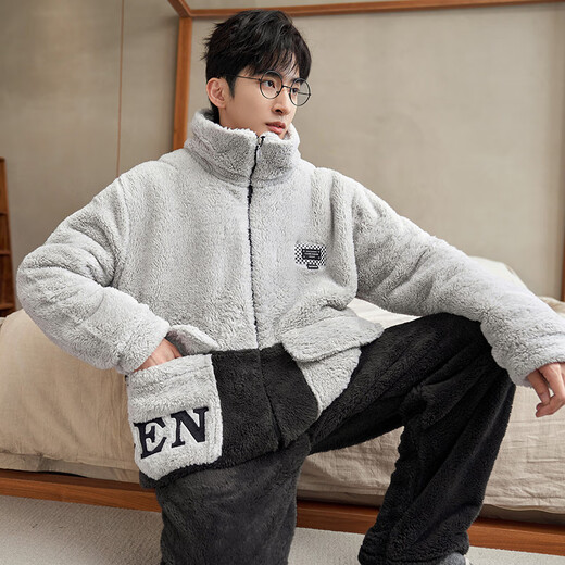 少年情话睡衣男珊瑚绒冬季加绒加厚男款大码棉袄青年保暖可外穿家居服套装 1349N浅灰+黑色 男L(100-135斤)